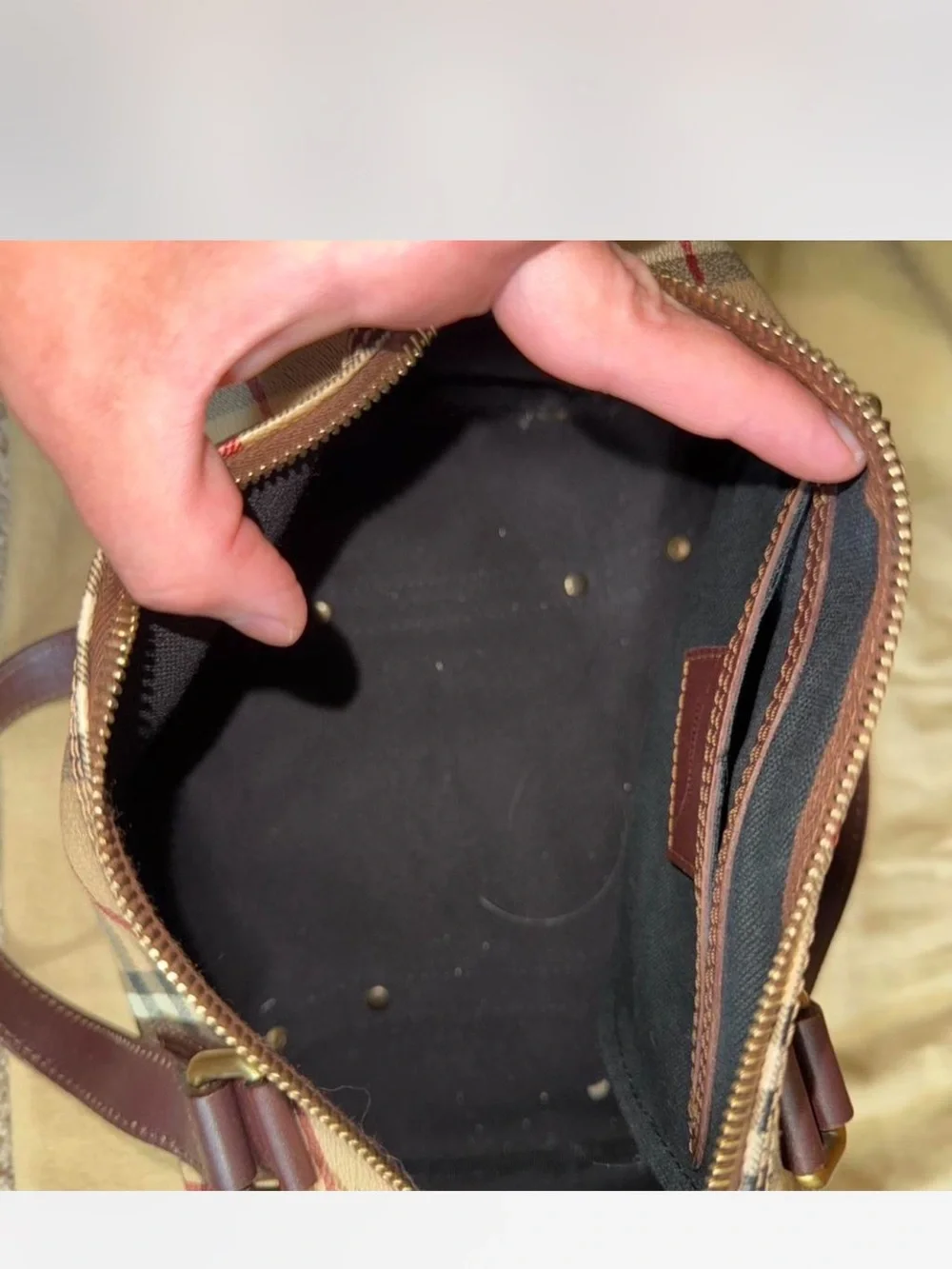 Burberry Beige Nova Check Canvas Small Bowling Bag with Brown Trim